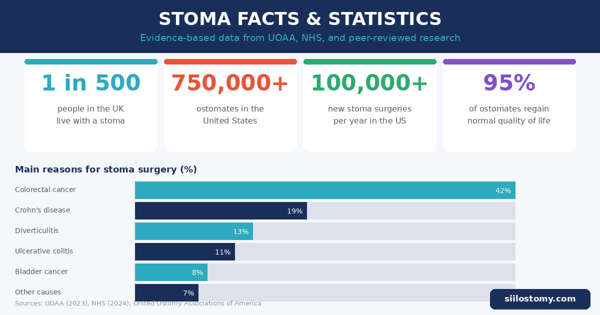 Infografika koja prikazuje statistiku stoma: broj osoba sa stomom u UK-u i SAD-u, uzroci operacije stome